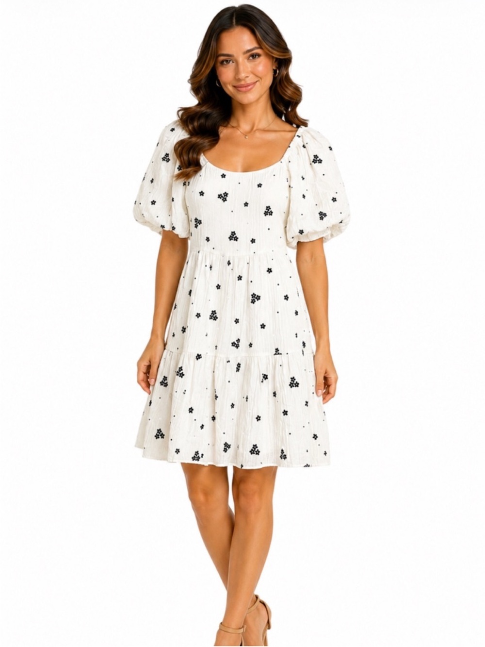 White Puff-Sleeve Tiered Dress with Black Floral Dots